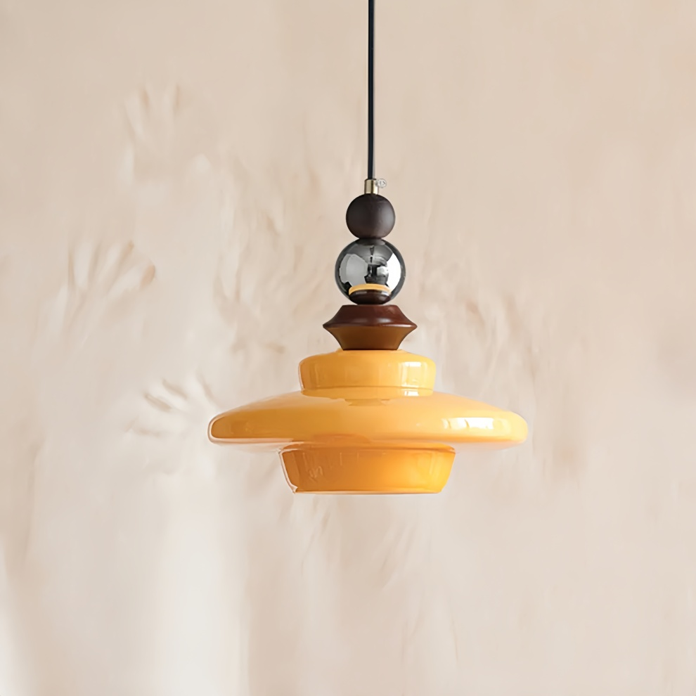 CASTELLA Hanglamp – Middeleeuws Design met Beige Glazen Kap & Houten Accenten