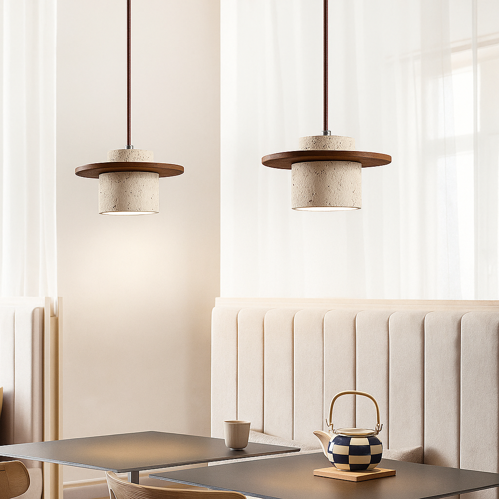 AetherNova – Travertin & Houten Hanglamp | Retro Design | Verstelbare Kabel | LED Geschikt