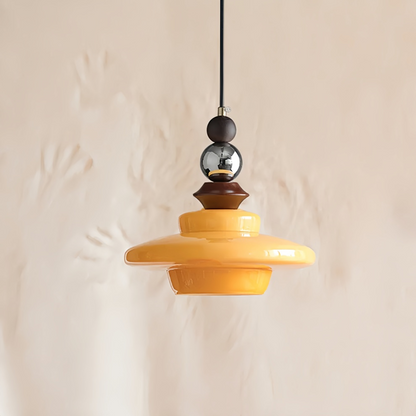 CASTELLA Hanglamp – Middeleeuws Design met Beige Glazen Kap & Houten Accenten