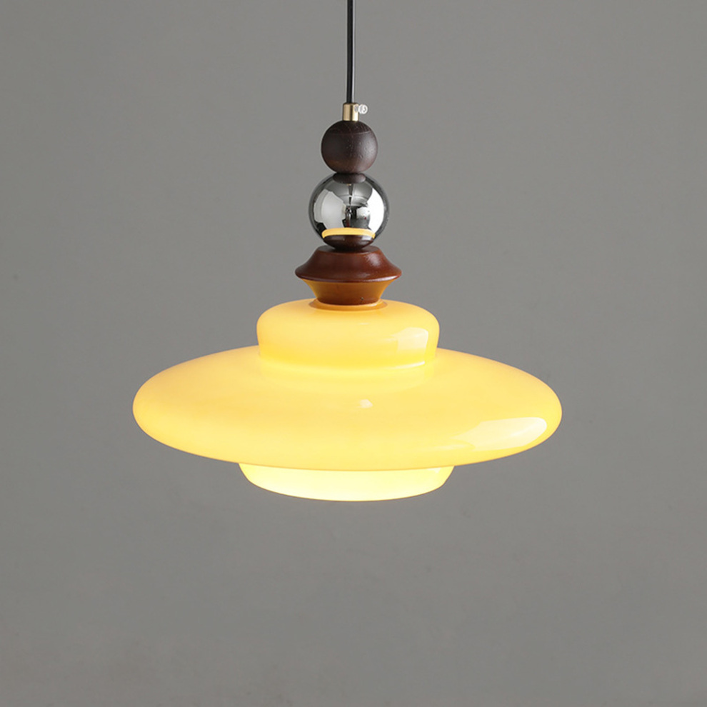CASTELLA Hanglamp – Middeleeuws Design met Beige Glazen Kap & Houten Accenten
