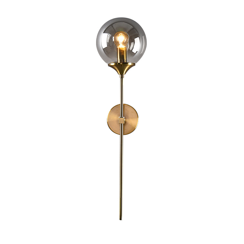 LUMENZA | Wandlamp met Rookglas Bol – Goudkleurig Frame – E27 – 50 cm