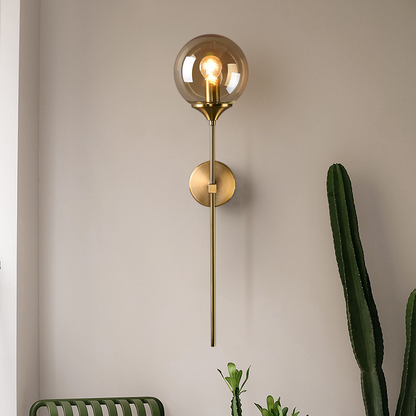 LUMENZA | Wandlamp met Rookglas Bol – Goudkleurig Frame – E27 – 50 cm