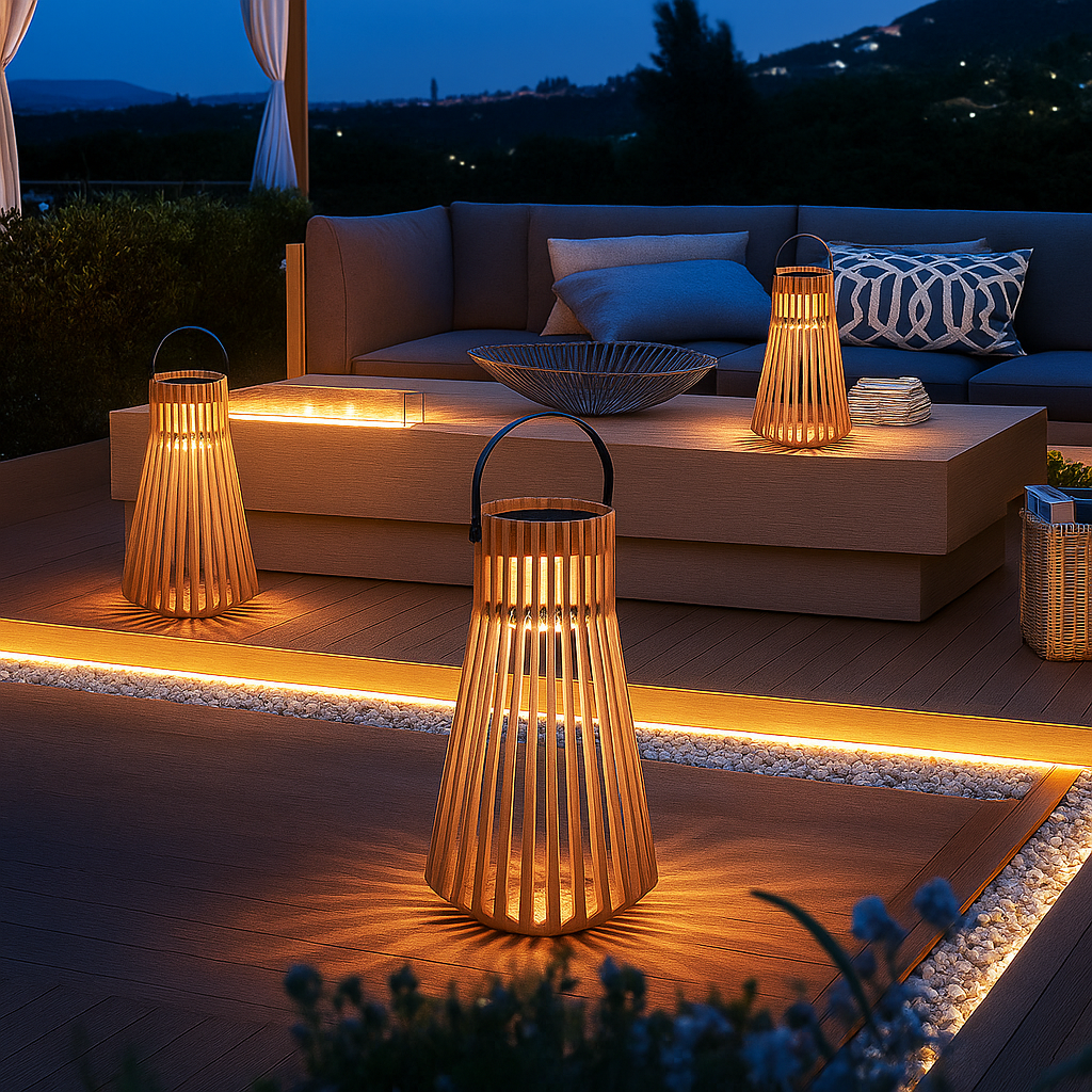 TeakGlow | Solar Rotan Buitenlantaarn – Houten Handgreep – Weerbestendig – LED Tuinverlichting – 39 x 68 cm