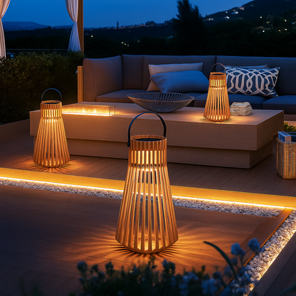 TeakGlow | Solar Rotan Buitenlantaarn – Houten Handgreep – Weerbestendig – LED Tuinverlichting – 39 x 68 cm
