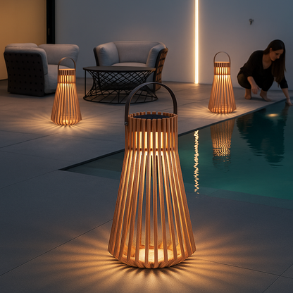 TeakGlow | Solar Rotan Buitenlantaarn – Houten Handgreep – Weerbestendig – LED Tuinverlichting – 39 x 68 cm