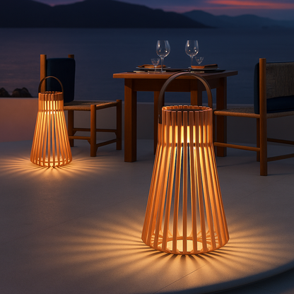 TeakGlow | Solar Rotan Buitenlantaarn – Houten Handgreep – Weerbestendig – LED Tuinverlichting – 39 x 68 cm