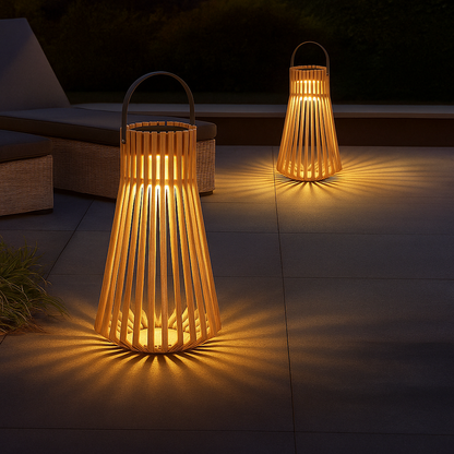 TeakGlow | Solar Rotan Buitenlantaarn – Houten Handgreep – Weerbestendig – LED Tuinverlichting – 39 x 68 cm