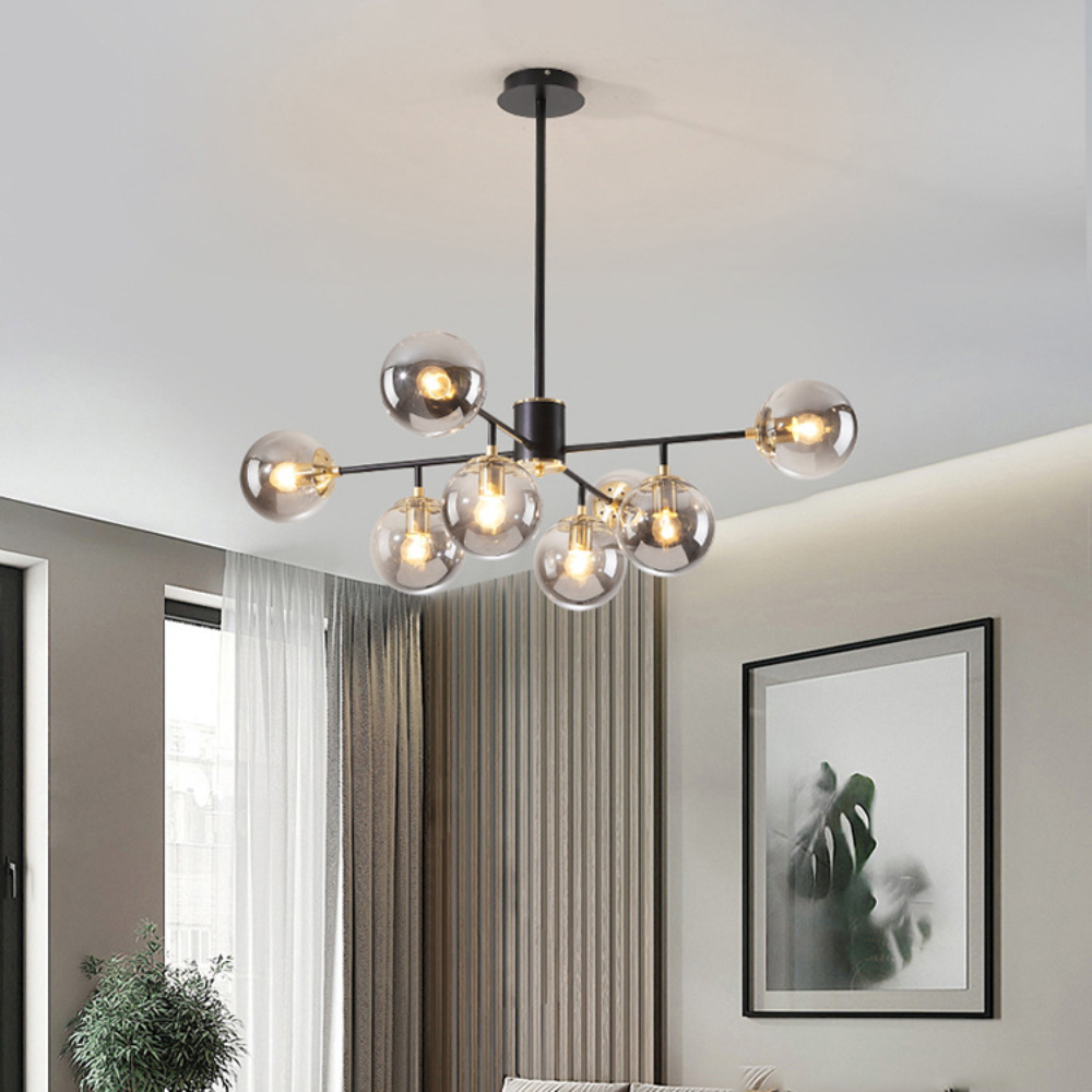 NEBULORA | Design Kroonluchter met Rookglas Bollen – 8 Lichten – Zwart Frame – E27 – 89 cm