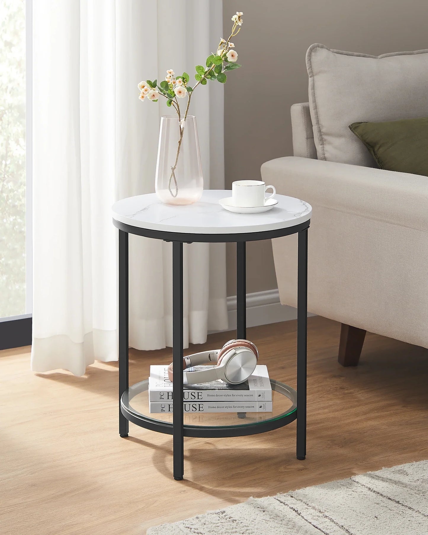 Marbela | Ronde Bijzettafel met Marmerlook & Glas – Twee Niveaus