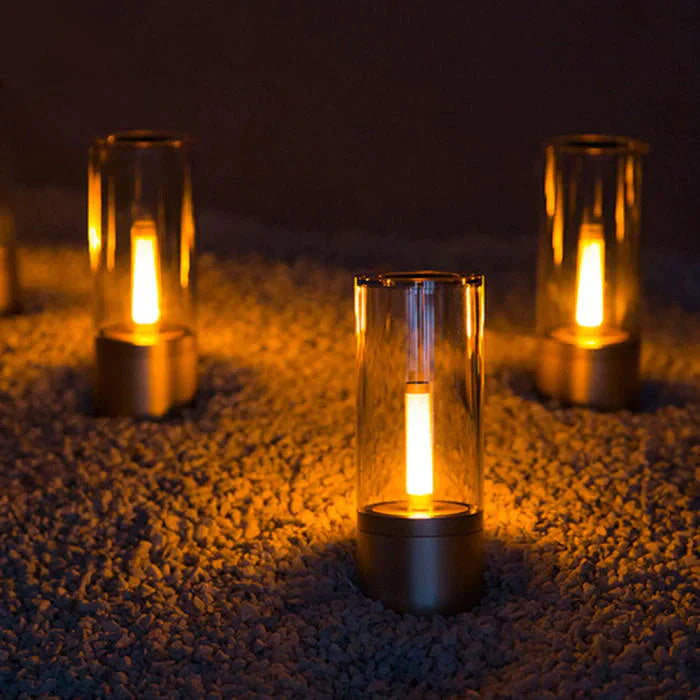 GlowLume | LED Tafellamp met Kaarslichteffect – Dimbaar & Oplaadbaar – Aluminium Design – 12u Gebruik – Binnen & Buiten