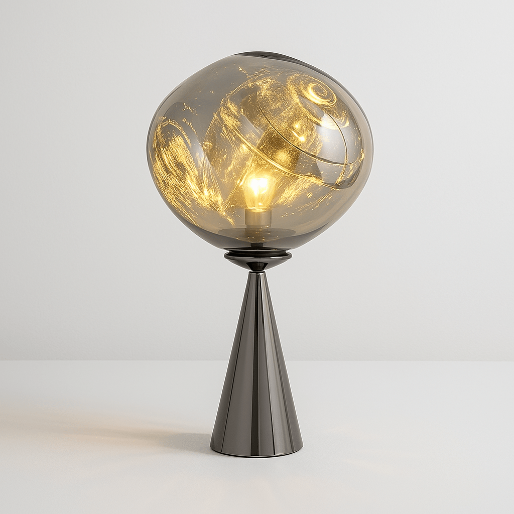 LavaLume – Design Tafellamp – Glas & Roestvrij Staal – Spiegelend & Glanzend Effect – Handgemaakt